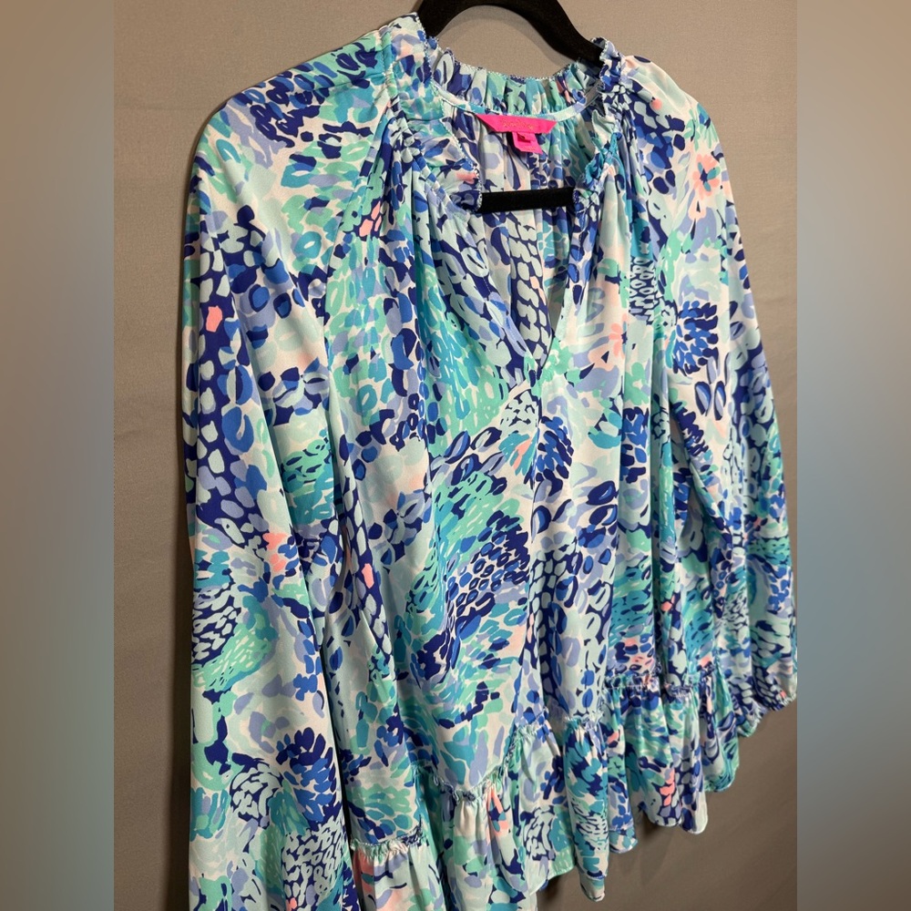 Lilly Pulitzer Savanna Printed Ruffle Hem Blouse in Blue Green Women’s Size S - Picture 5 of 10